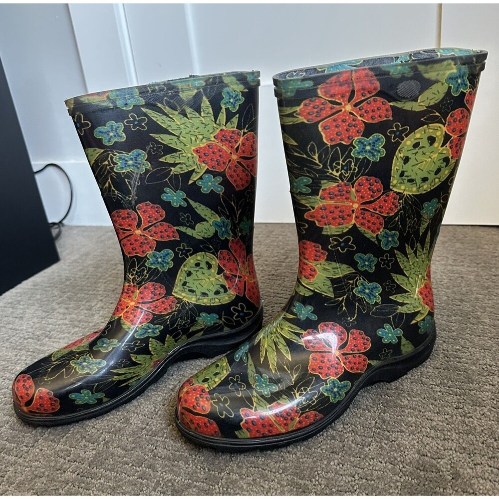 Sloggers Rain Boots Mid Calf Black/Coral Women 8 USA Floral Rain Winter Garden
